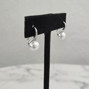 Minimalist Silver Stainless Steel Hook Pearl Drop Earrings
